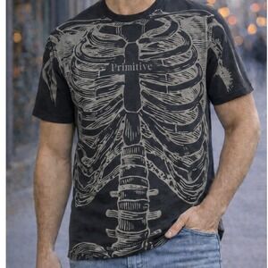 Primitive Skateboarding Skeleton Ribcage T‎ Shirt Men's Medium Black Gray NWT